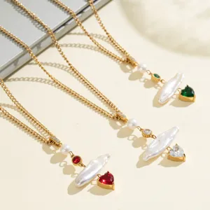 Collar de Acero de Titanio con Circonia de Corazón y Perla de Agua Dulce Chapado en Oro de 18K Joyería de Moda para Mujer