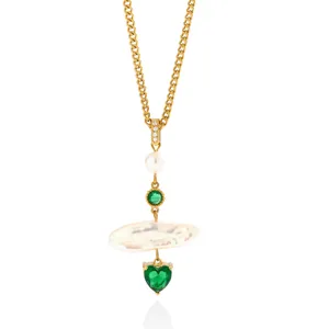 Collar Cadena Clavícula Corazón Verde Zirconia Perla Acero Inoxidable Bañado Oro 18K
