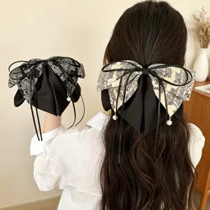 Koreanischer Stil Paisley Schleife Haarklammer Für Damen Elegant Schwarz Altweiß Stoffband Künstliche Perle Anhänger Große Pferdeschwanz Clip Haarschmuck
