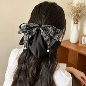 Koreanische schwarze weiße Paisley Blumen Schleife Haarklammer mit Perlenanhänger für Damen