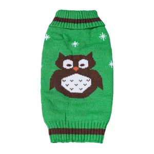 Cute green knit dog sweater featuring a brown owl pattern, warm winter pet apparel for small dogs.