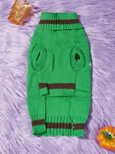 Green knitted pet dog sweater with brown stripes, cute winter apparel for small dogs and cats.