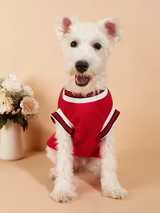 Red mesh pet basketball jersey with striped ribbed trim, breathable small dog vest.
