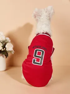 Pet mesh dog jersey detail view, red sleeveless sportswear with number 9 and text for small dogs.