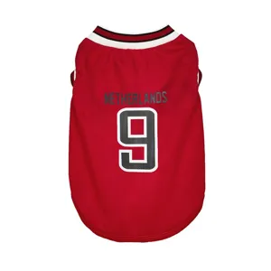 Red pet mesh basketball jersey with ribbed collar and number 9 print for small dogs.