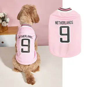 Breathable pink pet mesh jersey for dogs, sporty number 9 vest with stylish ribbed collar.