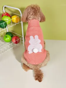Knit pet sweater detail featuring a cute rabbit pattern and 3D pom-pom tail for dogs and cats.