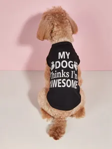 Vue détaillée du gilet pour animal estival noir respirant avec imprimé anglais mignon.