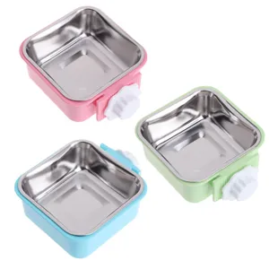 Anti-Overturn Pet Bowl Stainless Steel Cage Hanging Feeder Square Food Water Bowl For Small Dogs Cats Pet Supplies