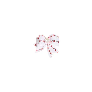 Joli nœud papillon pour animaux avec ruban blanc fleurs rouges et perle pour chiens.