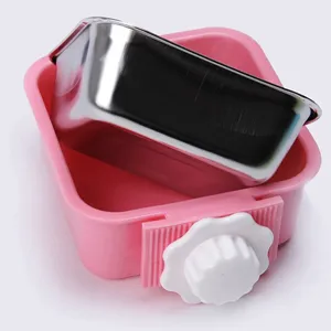 Stainless steel pet hanging bowl with pink plastic holder and fix knob for cage.
