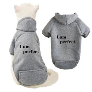 Grey fleece pet hoodie for cats and dogs, warm two-legged sweatshirt with cute slogan letter.