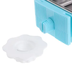 Pet cage feeder fixing nut accessory, blue plastic holder and white flower tightening knob.