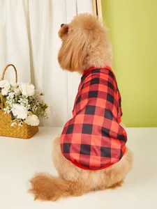Vue détaillée d'un chien mignon portant un pull à carreaux rouge et noir d'hiver.