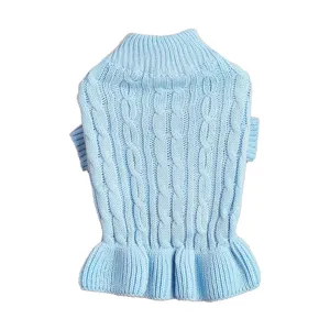 Light blue cable knit pet sweater for small dogs turtleneck ruffled hem winter warm puppy clothes