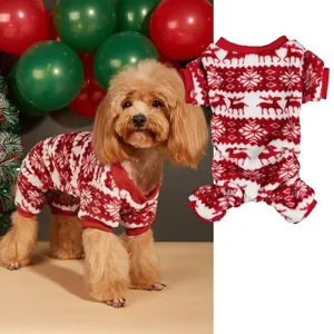 Christmas pet fleece onesie detail view showing soft coral material and cute reindeer snowflake pattern.
