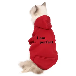 Red fleece cat hoodie detail view, pet winter warm sweatshirt with back lettering print.