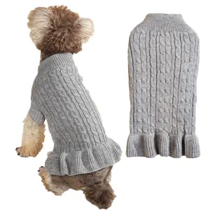 Grey cable-knit pet dog sweater with cute ruffled hem, soft warm winter apparel for small dogs.
