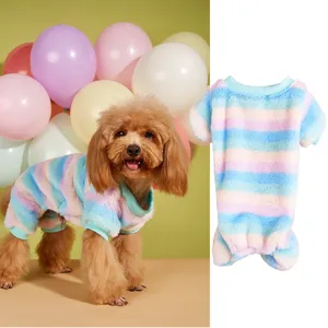 Cute colorful striped dog jumpsuit, soft warm fleece winter pet clothes for small dogs.