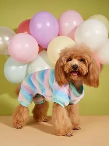 Colorful striped fleece pet jumpsuit for small dogs, soft warm winter apparel for pets.