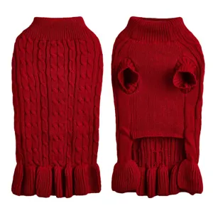 Red cable knit pet dog sweater detail view, warm winter apparel for small dogs and puppies.