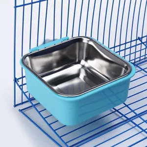 Stainless steel pet feeding bowl with blue plastic holder, anti-overturning cage-fixed design for dogs and cats.