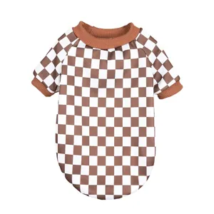 Cute brown and white checkered pet sweatshirt with cozy ribbed collar for dogs and cats apparel.