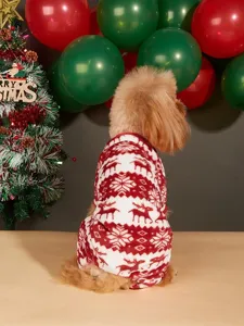 Christmas dog fleece onesie with cute reindeer snowflake pattern, warm winter pet apparel.