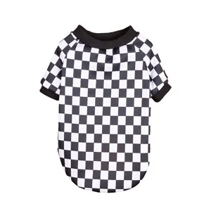 Black and white checkerboard pet sweater, classic casual crew neck dog hoodie apparel.