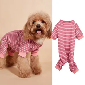 Detailed view of striped dog pajamas, cotton high-neck four-legged pet jumpsuit for daily wear.
