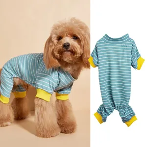 Cute striped dog pajamas four-leg jumpsuit with yellow collar for small dogs puppy autumn.