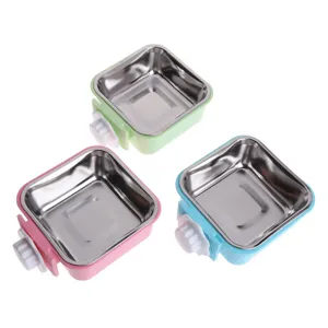 Stainless steel pet hanging bowl with plastic clamp fixed feeder in three bright colors.
