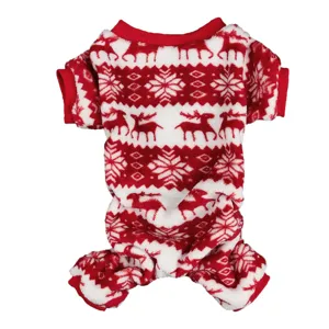 Pet Christmas fleece jumpsuit with reindeer and snowflake pattern for dogs and cats detail view.
