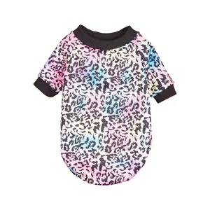 Colorful leopard print pet hoodie sweater, casual pullover design with black ribbed collar for dogs.