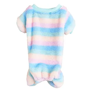 Colorful striped pet fleece jumpsuit detail, soft warm four-leg dog clothes for small pets.