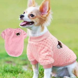 Pink fleece pet dog sweater turtleneck cute winter warm puppy apparel featuring cartoon patch detail.