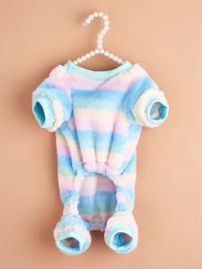 Colorful striped soft fleece pet four-leg clothing detail, cozy warm winter pet apparel.