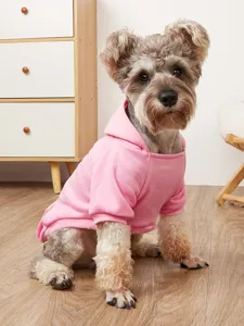Warm fleece pet hoodie for small dogs and cats, cozy pink two-legged dog sweatshirt detail view.