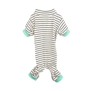 Cute striped pet dog onesie pajamas with green cuffs, comfortable cotton four-leg jumpsuit.