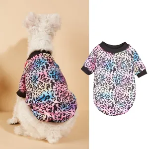 Colorful gradient leopard print pet sweatshirt, warm fleece dog clothes with black crew neck.