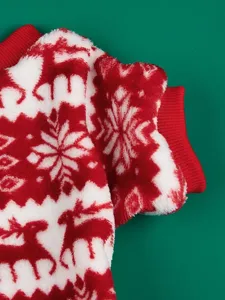 Cozy red white fleece pet dog clothes featuring Christmas reindeer and snowflake details.