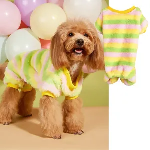 Colorful striped pet fleece jumpsuit, soft warm four-leg winter clothes for small dogs.