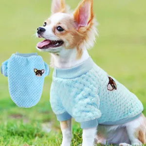 Fall winter warm pet clothes flannel puppy sweater with cute puppy patch blue high collar view
