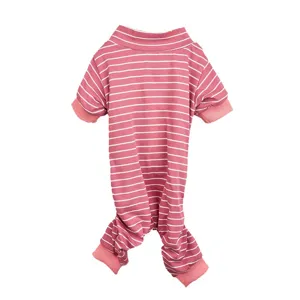 Pink and white striped pet four-legged jumpsuit, high neck dog pajamas for small dogs detail.