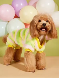 Detailed view of colorful striped soft fleece pet four-legged clothes for puppies dogs.
