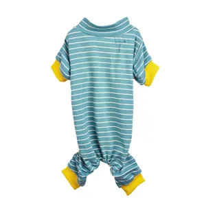 Cute striped dog four-legged jumpsuit with yellow cuffs pet pajamas warm apparel