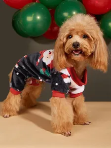 Cute Christmas pet fleece four-leg jumpsuit for dogs, warm Santa Claus pattern clothing.