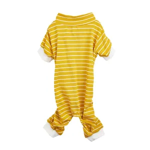 Yellow and white striped dog four-legged onesie detail view, comfortable pet autumn homewear.
