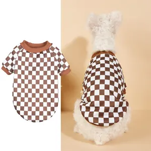 Brown white checkerboard pet sweater cute puppy fleece pullover winter dog clothes warm hoodie apparel