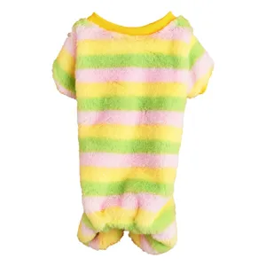 Colorful striped fleece pet jumpsuit for autumn and winter, soft and warm four-legged dog clothes.